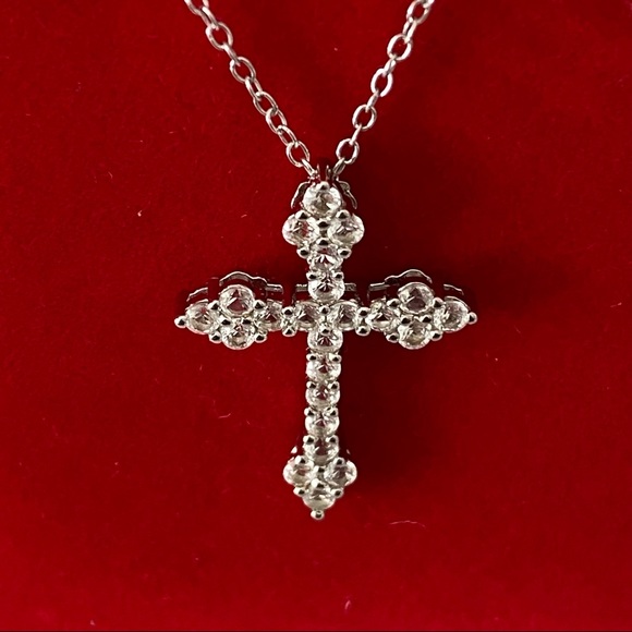 14k white gold over 925 white lab sapphires Cross necklace - Picture 12 of 16